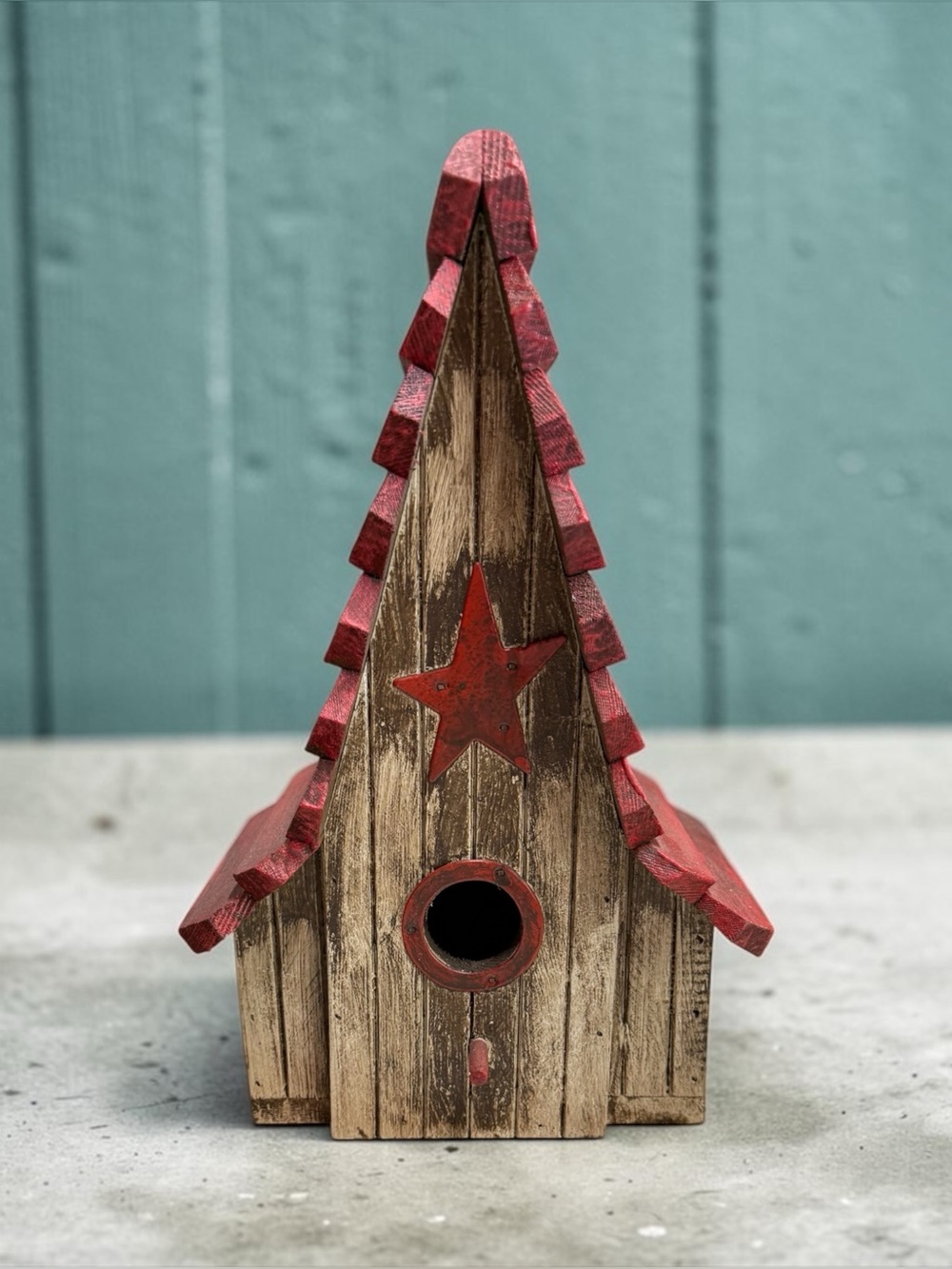 CURATED Rustic Wooden Birdhouse with Red Star